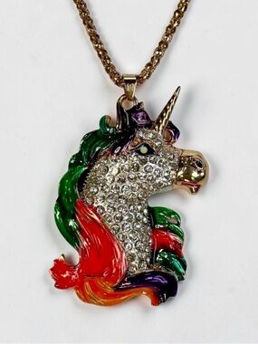 Betsey Johnson Gold-Tone Enamel Rainbow Unicorn Crystal Pendant Necklace